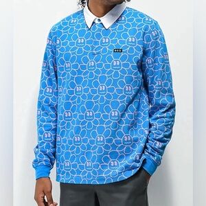 Men’s XXL A-Lab Garden Party Blue Long Sleeve Polo Shirt Flower Faces Blue EUC